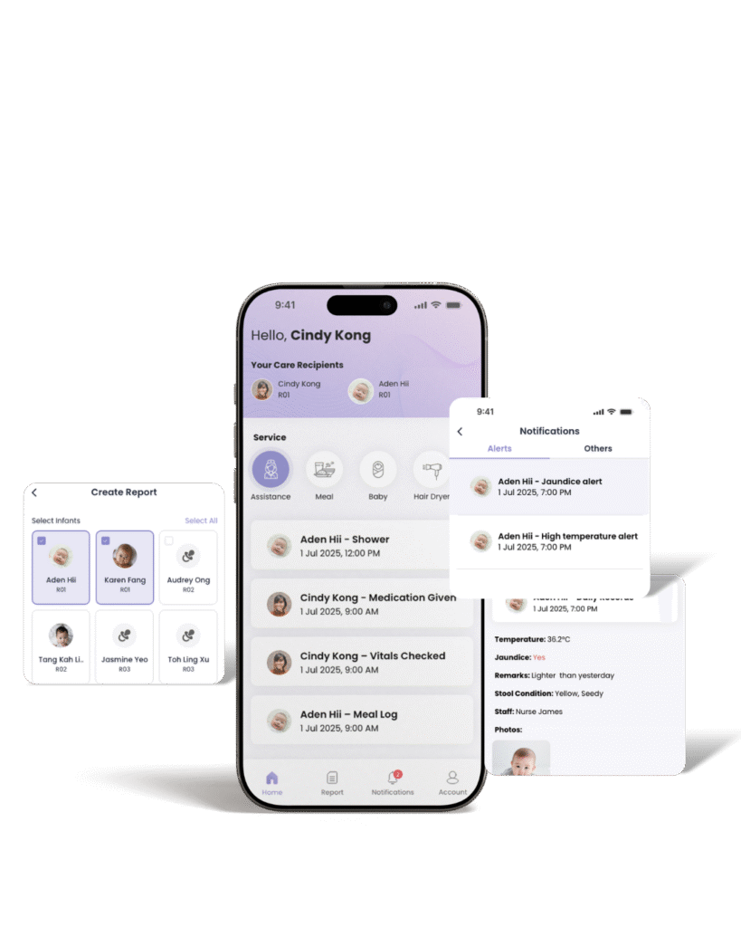 Confinement Care Centre Management App interface